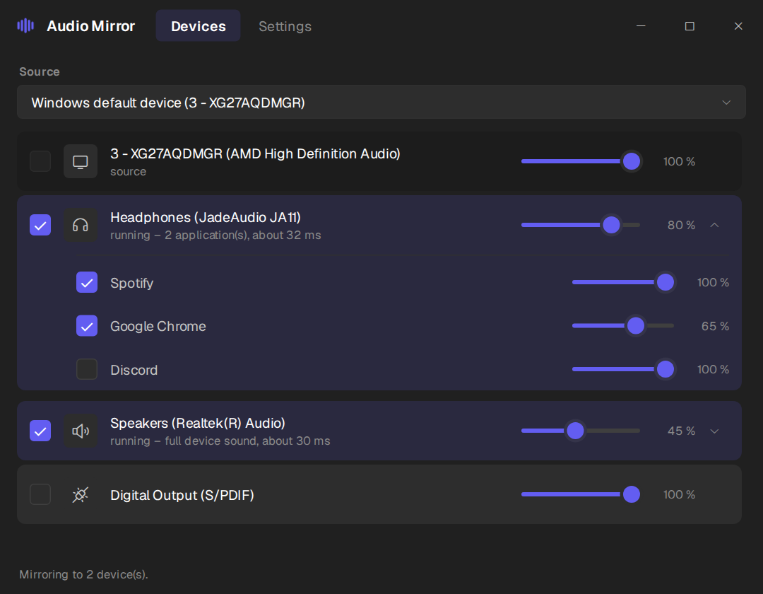 The Audio Mirror window: headphones and speakers ticked as mirror targets, with Spotify and Chrome mixed on the headphones.