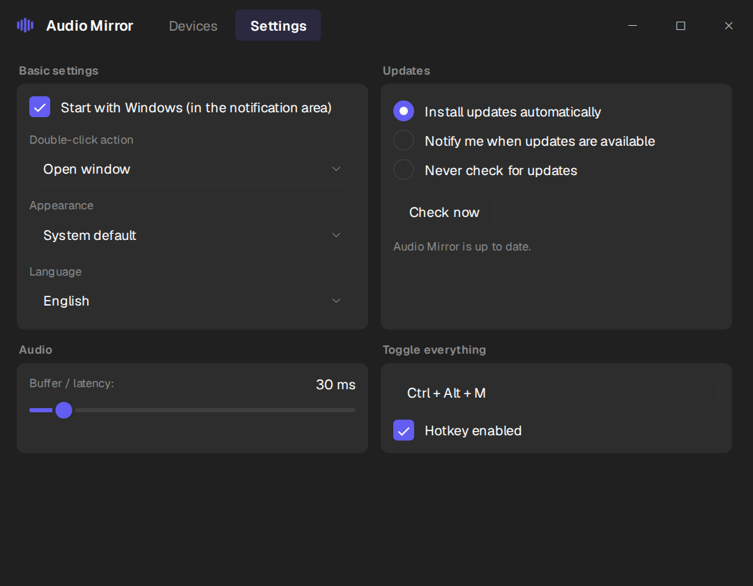 The Settings tab: start with Windows, double-click action, appearance, language, updates, buffer size and the global hotkey.